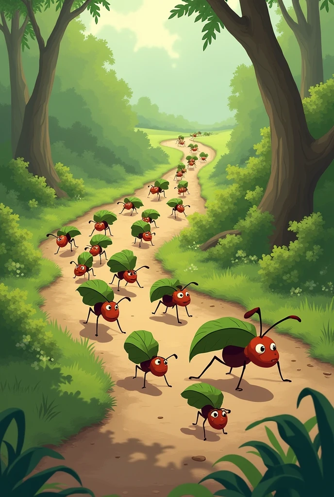 Ants walking, carrying leafs, to the anthill,cartoon,