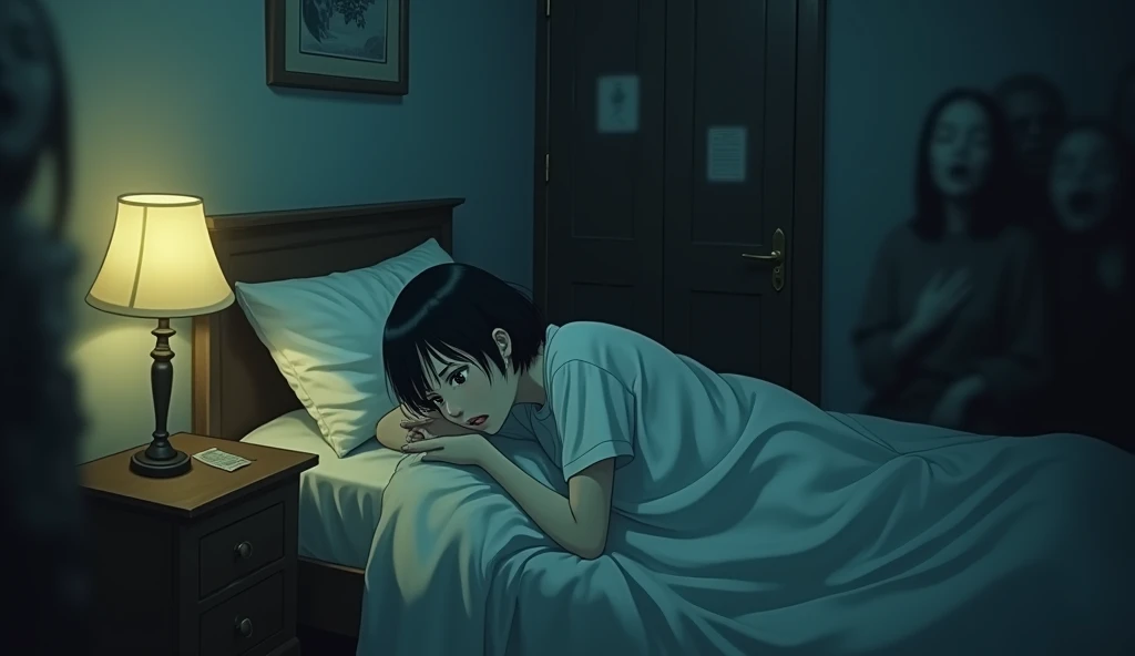 Dim, unsettling lighting with a single lamp casting an eerie glow., a cluttered apartment, an Asian short black hair woman in a distressed state in bed and drenched in sweat, Shadowy non-human figures, and whispers at the edge of the scene, elements create a haunting, blurred effect around the edges of the room, giving a sense of reality blending with the nightmarish visions