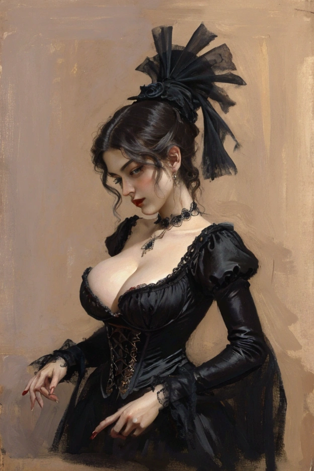 Oil painting of Sexy slim victorian gothic lady, big boobs, deep cleveage, sensual