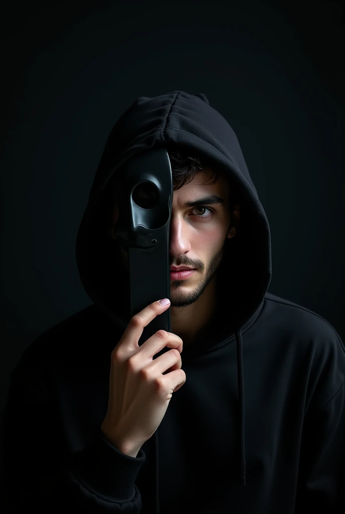 20-year-old man holds a mask with his hand to hide the vertical half of his face. He has a mysterious half smile. He wears a black hood. The background is black, is coming out from the shadows. Waist up image