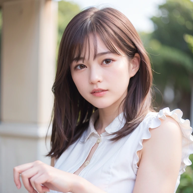 (RAW Photos, Highest quality、Realistic, Photorealistic:1.5), Tabletop, Very delicate and beautiful, Soft Light, (Brown Hair, Straight shoulder-length hair fluttering in the wind), Beautiful detailed girl, (Detailed fingers), Highly detailed eyes and face, Beautifully detailed nose, Beautiful attention to detail, 1 person, Japanese, Pure beauty, cute, young, Dress shirt, pants, (Half Body:1.3), (Big breasts), Realistic face, Realistic body,