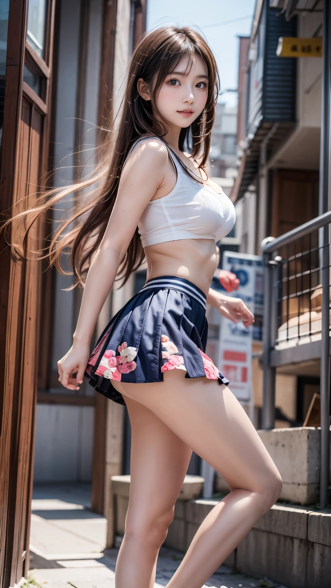 (Highest quality,masterpiece:1.3,Ultra-high resolution),(Very detailed、Caustics) (Realistic:1.4, RAW shooting、)Ultra-Realistic Capture、Very detailed、Natural skin texture、masterpiece、(A  Japanese elemeing a printed tank top and pleated skirt:1.3)、Adorable expression、Expressions of happiness、10 years old、height: 140cm、BabAmazingly cute、Twin tail haurly Hair、Black Hair、Large Breasts、Shining thighs、Shining ass、Shooting on the main street of a tourist spot、Summer early morning、Background details、smile、An inviting gaze、(Anatomically correct)、Cowboy Shot、Attention to detail、