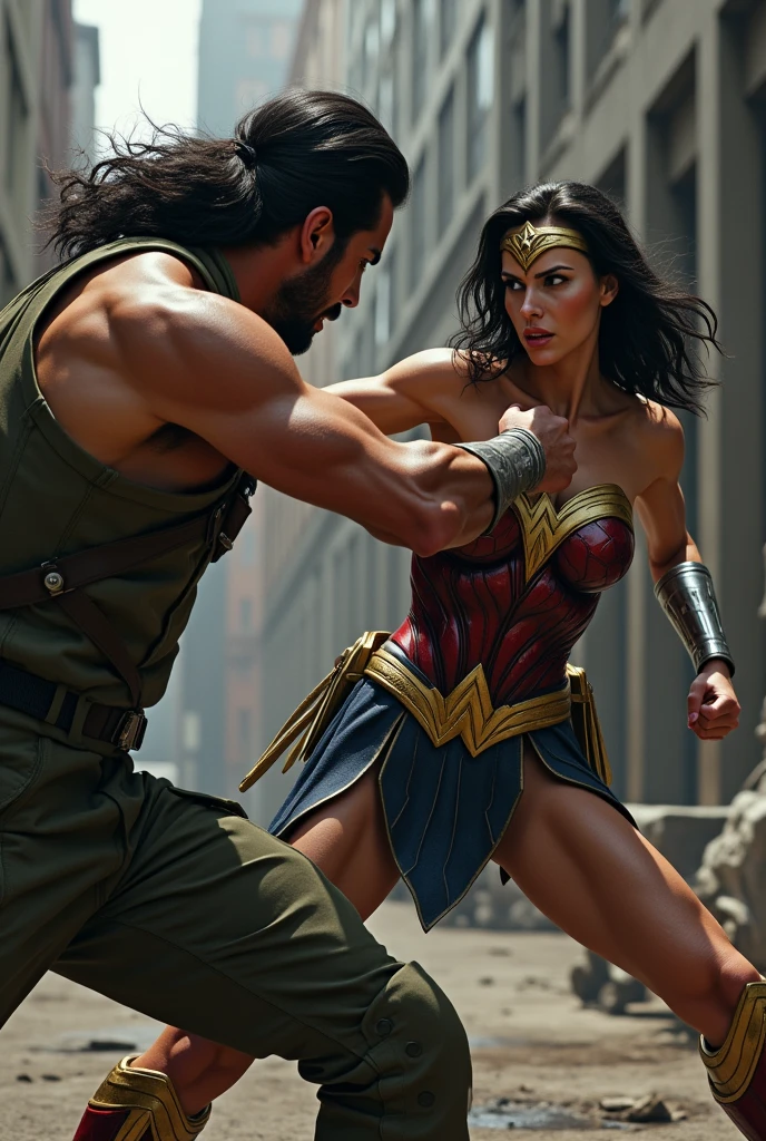 (photorealism:1.2), wonder woman, sweaty, one male soldier punching her near chest, she about to take a fall after the hit,