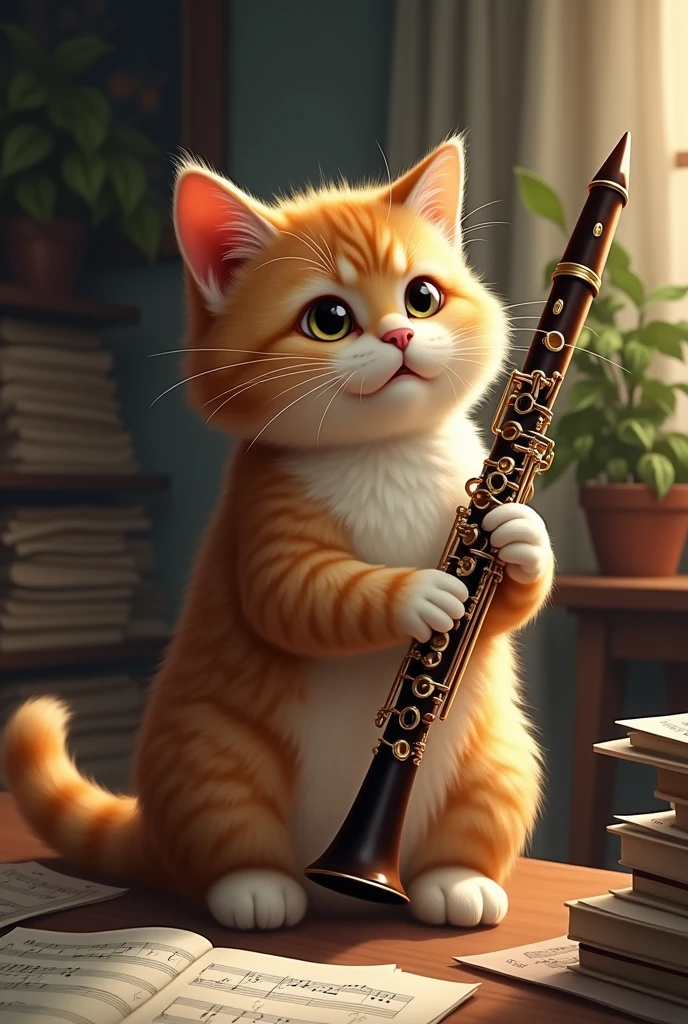 Draw a cat playing an oboe with the keys blocked.