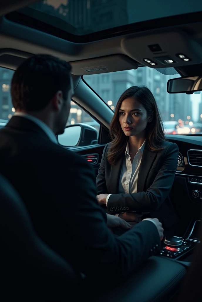 Dark image of a CEO&#39;s assistant talking to the CEO inside a car 
