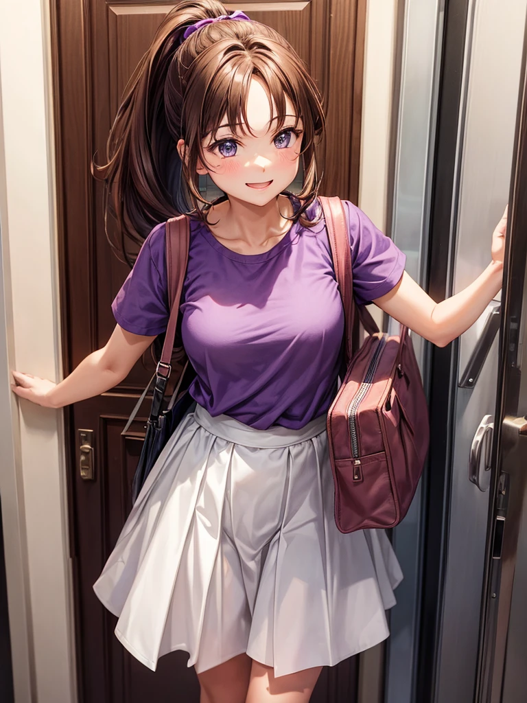 A woman with brown hair and a ponytail, wearing a purple shirt, a short white skirt, carrying a small white bag, with a happy face was waiting for me in front of my room door.