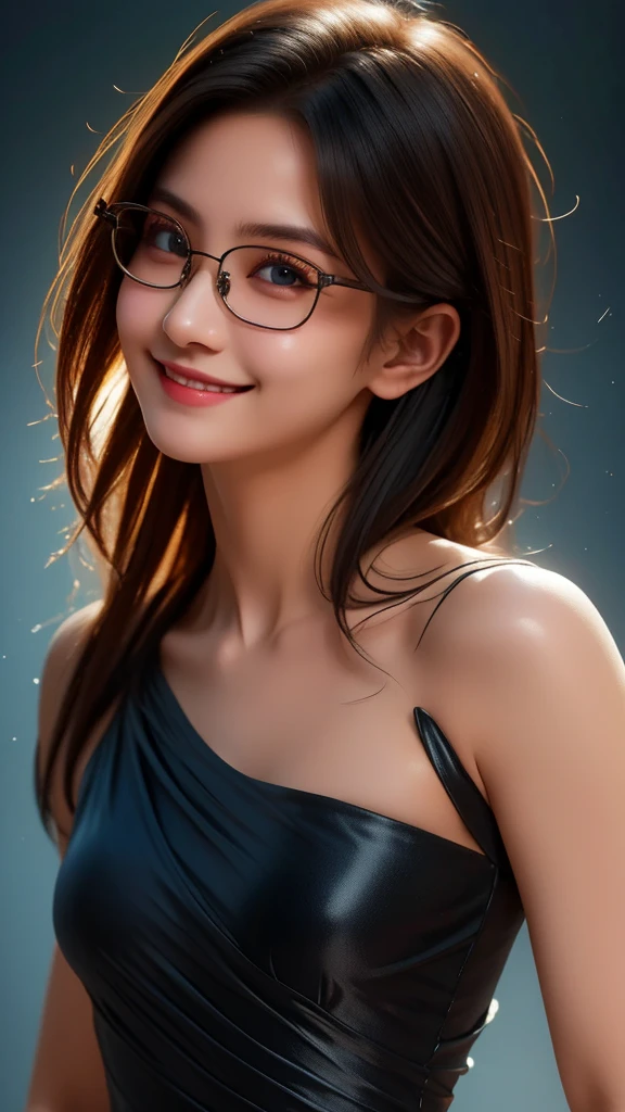 A 16k realistic portrait masterpiece, realistic soft detailed lines, highest resolution, every detail, meticulousness, depth of field, bright colors, beautiful composition: a girl  girl wearing thin-rimmed glasses, smiling cheerfully, light makeup with trendy short black hair and beautifully detailed innocent eyes, standing on a dark and ominous scene. sexy silk dress.