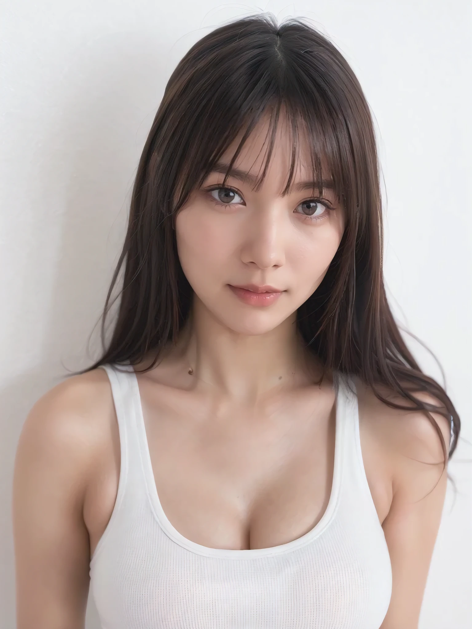 1girl, 25years old woman, (perfectly detailed face), (((Tank tops))), Small breasts, medium breasts, large breasts, cute face, beautiful face, ((looking at viewer)), Simple Background, ((white background)), ((white wallpaper)), White skin, (bright lighting:1.2), perfect lighting, photorealistic, (bokeh), UHD, anatomically correct, highres, masterpiece