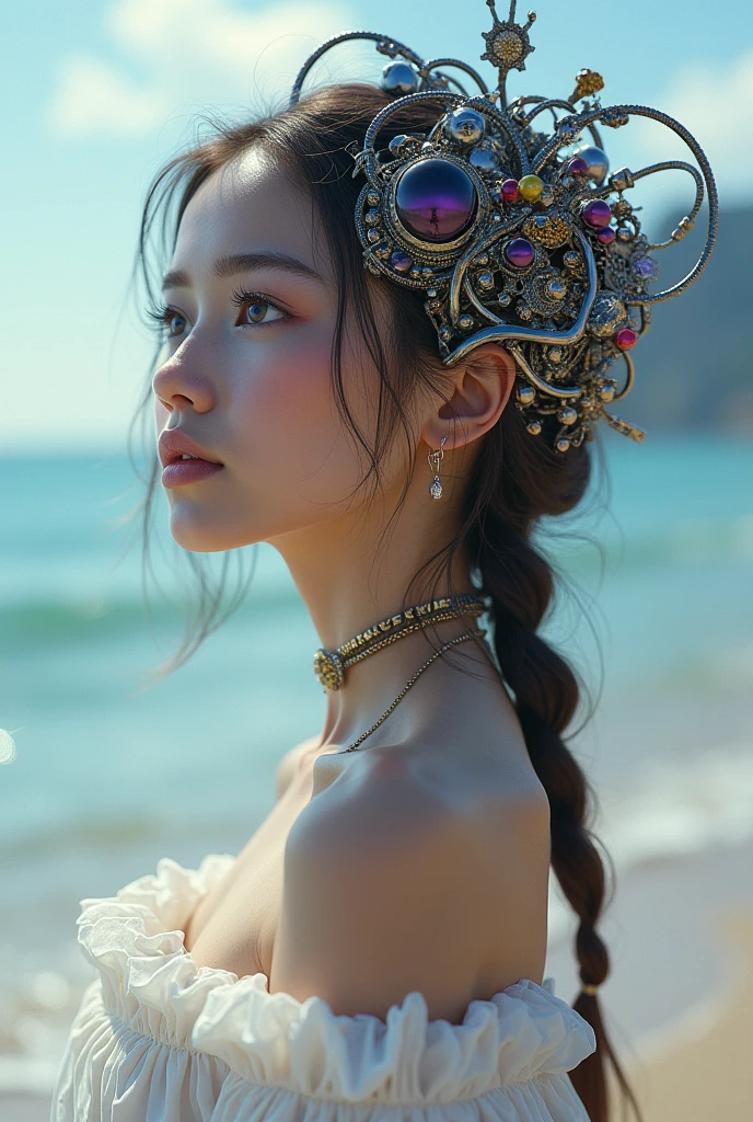 1 girl,high resolution,  high qualiy,  work of art, mxmkWhite Dress, storking , bare one shoulder, purples eyes, white gown, Braid, chocker, beachfront, cerebro mecânico face perfil, fios, mangueiras, engrenagens 