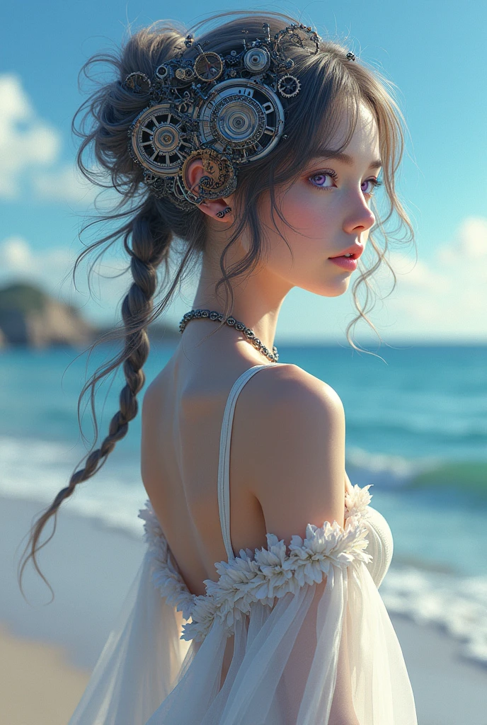 1 girl,high resolution,  high qualiy,  work of art, mxmkWhite Dress, storking , bare one shoulder, purples eyes, white gown, Braid, chocker, beachfront, cerebro mecânico face perfil, fios, mangueiras, engrenagens 