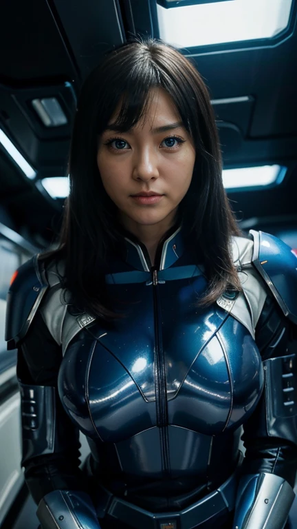 captain of starship, Japanese, 惑star, star、Wide-angle shot, 1 female, Mecha, Glowing blue-black eyes, Very cute face, (Realistic:1.37), バイオMechaニカル, Spaceship interior bokeh background, Ultra-realistic, Very detailed, Very intricate details, Beautiful woman in focus