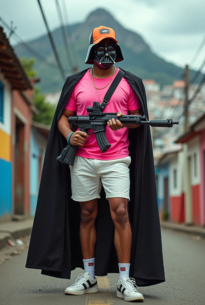 Darth Vader wearing a pink t-shirt with white shorts and an orange cap with a rifle in his hand , on the hill of Rocinha in Rio de Janeiro