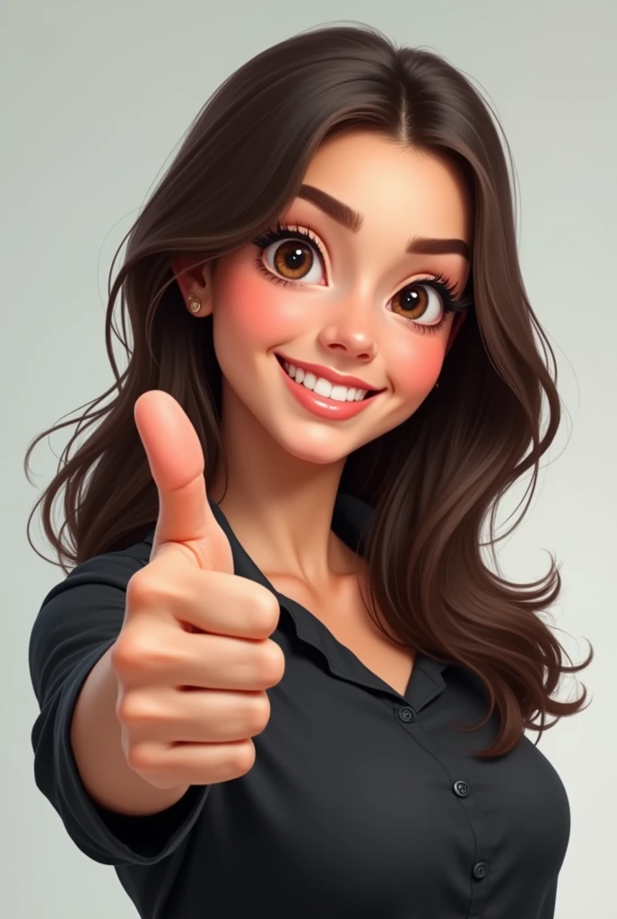 young adult female character doing cool with thumb and smiling. The character must be wearing a light black shirt. with thumb raised, AS A SIGN OF APPROVAL 👍