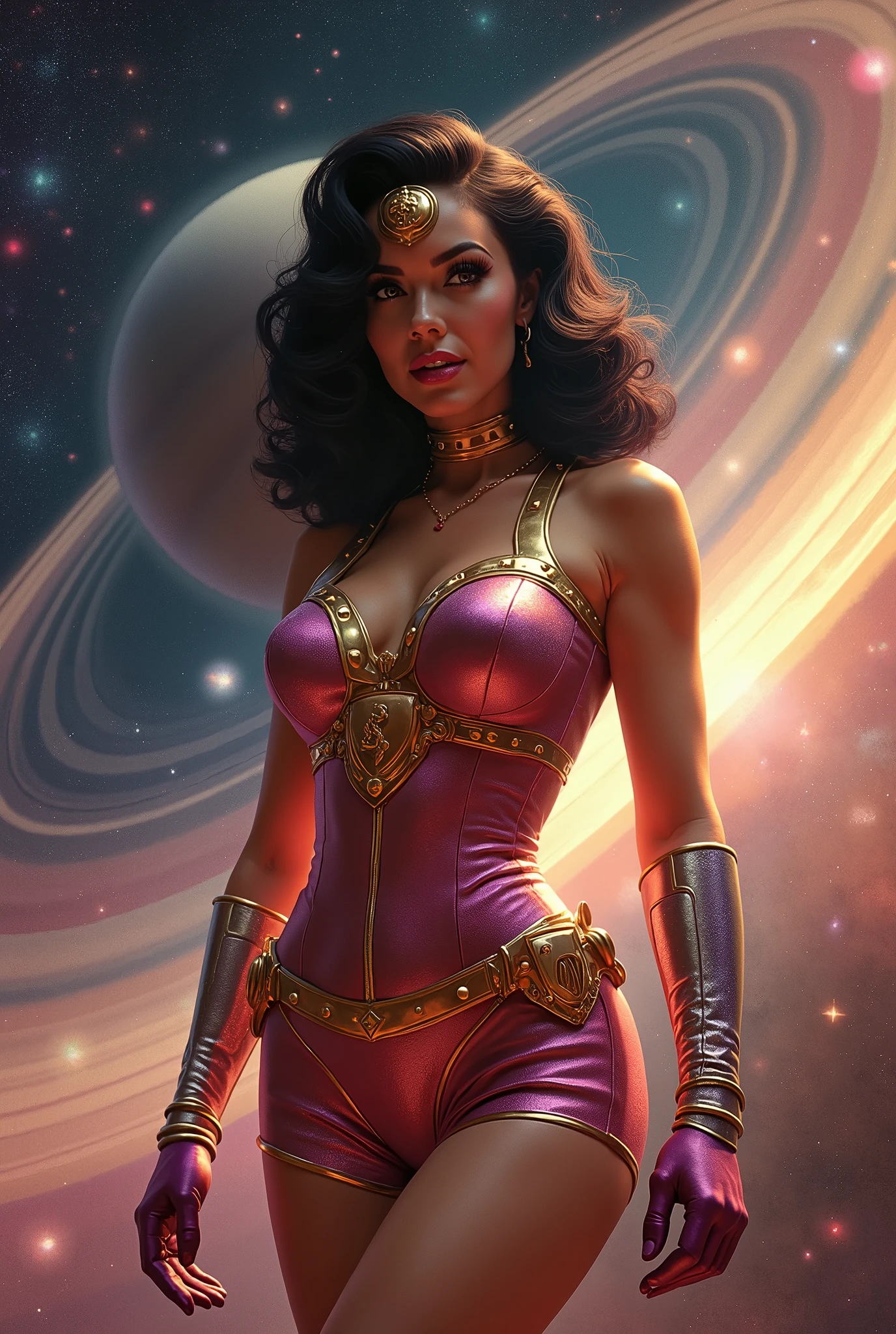 bettie page traje de superheroe sexy en saturno