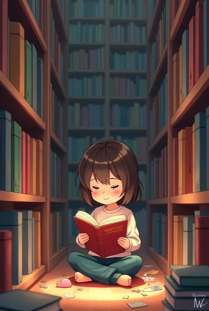 “A young woman sitting in a library, deeply engrossed in a book. The library has bookshelves filled with books, soft lighting, and a cozy atmosphere.
chibi, cartoon, wide angle, bookshelf background, ratio "2058×1152" pixel , high quality”