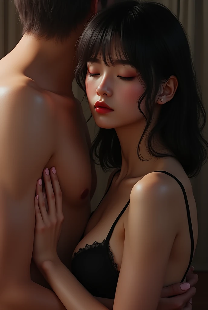 A girl wearing black braa kissing ass