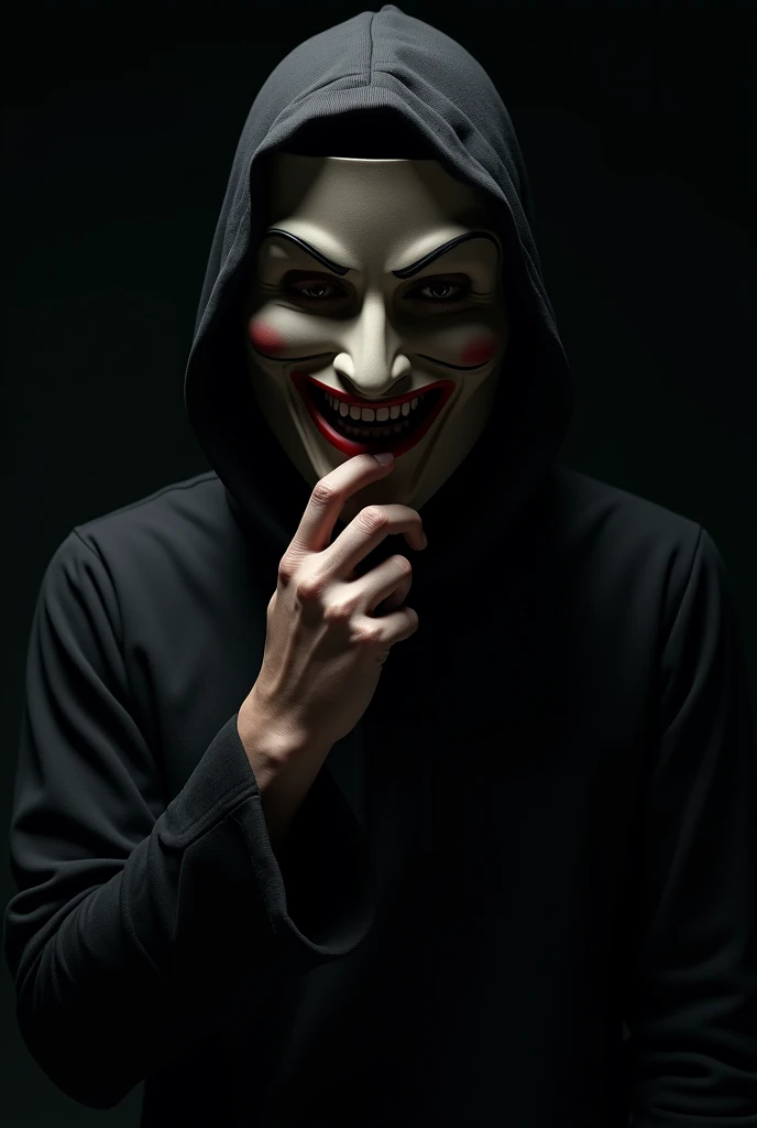 20-year-old man holds a mask with his hand to hide the vertical half of his face. He has an evil smile. He wears a black hood. The background is black, is coming out from the shadows. Waist up image