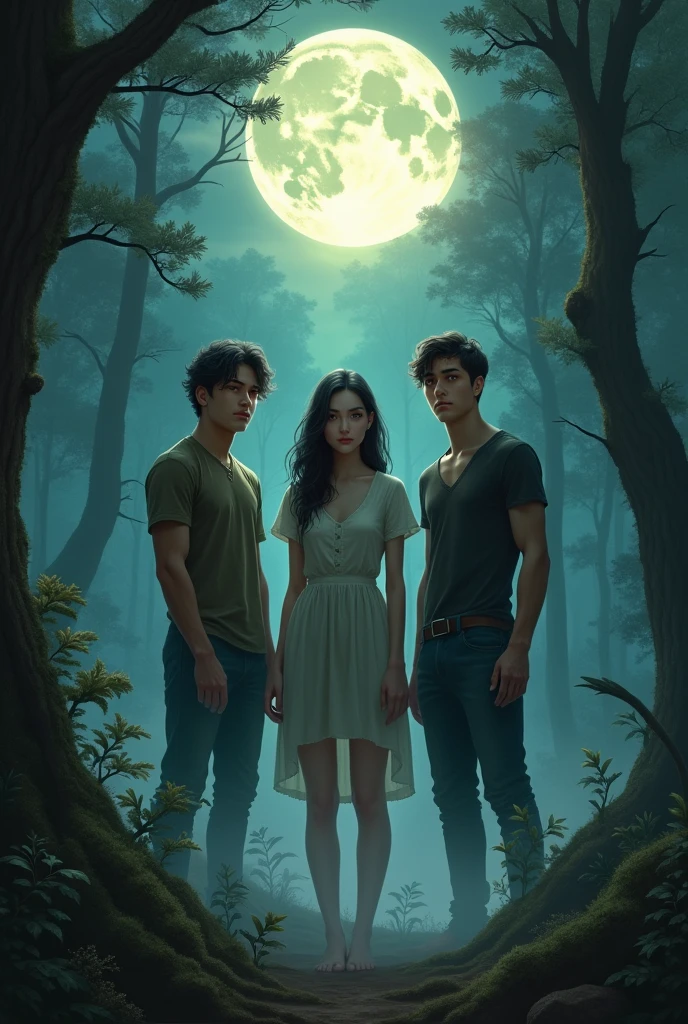 A girl in the middle, next to two young men, one with black hair, Red eyes, pale skin and the other brown, yellow eyes, big bright moon behind them, forest, fog