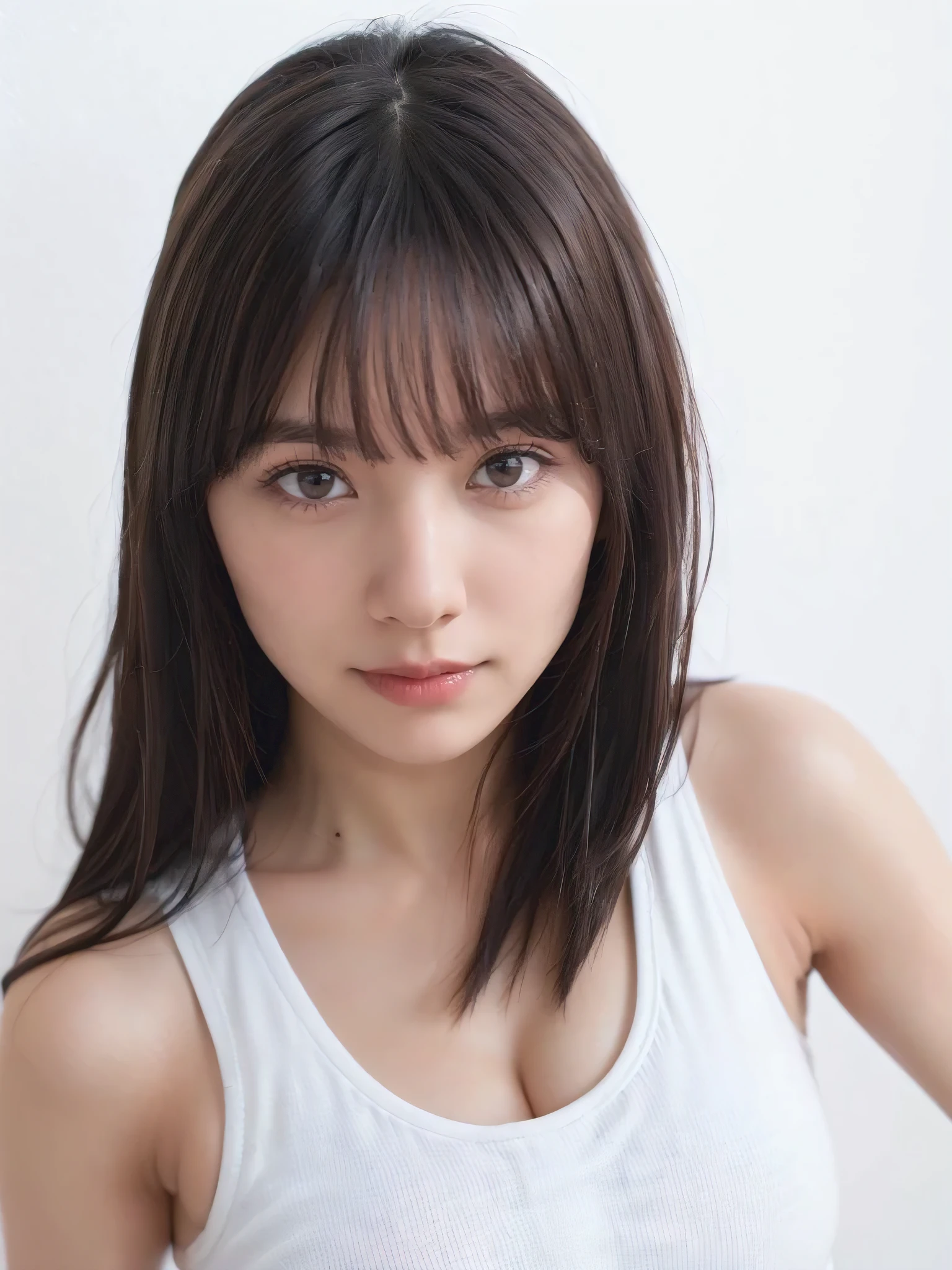 1girl, 25years old woman, (perfectly detailed face), (((Tank tops))), Small ???????, ??????????????, ?????????????, cute face, beautiful face, ((looking at viewer)), Simple Background, ((white background)), ((white wallpaper)), White skin, (bright lighting:1.2), perfect lighting, photorealistic, (bokeh), UHD, anatomically correct, highres, masterpiece