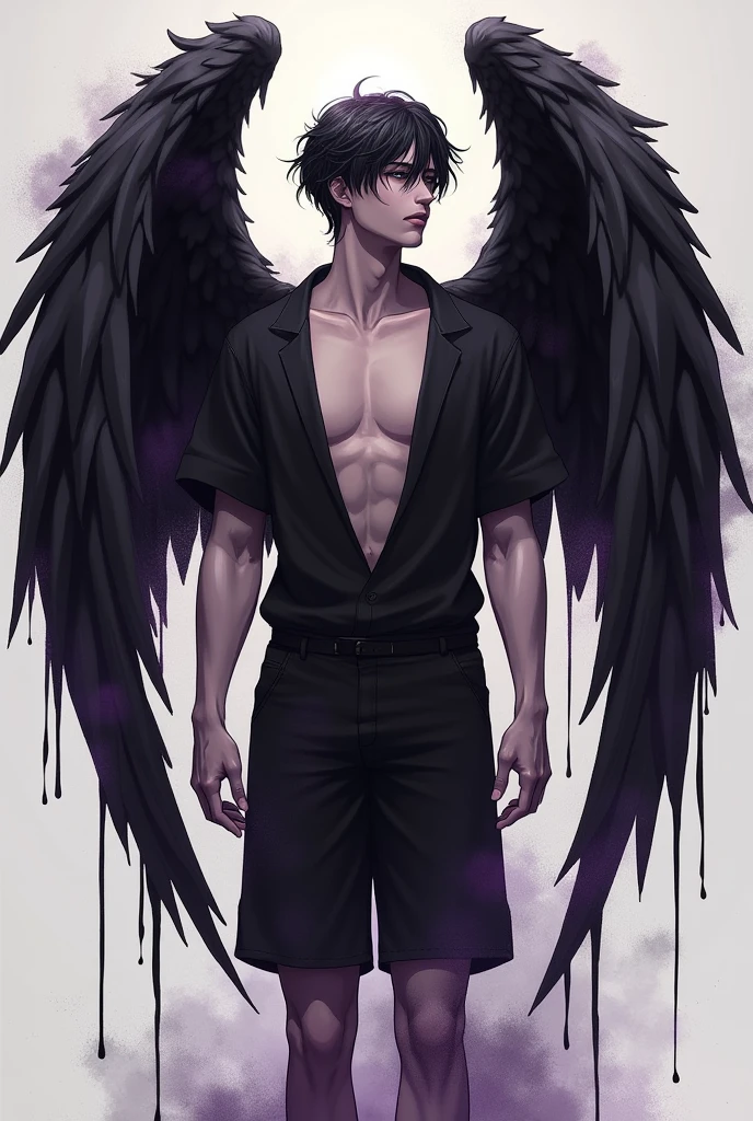 a fallen angel guy, male fallen angel, cool guy, wild guy, ink paintings, purple and black color, ink is dripping, gothic style, fantasy world, wearing black summer clothes, 2 black wings on his scapula, handsome features, gentle breeze is blowing, beautiful eyes, fearless smile, perfect anatomy, very detailed, 2, five fingers, best quality, fantastic, high resolution,