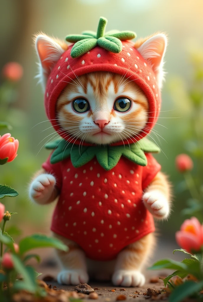 kitten　cute　Strawberry costume　background　Real