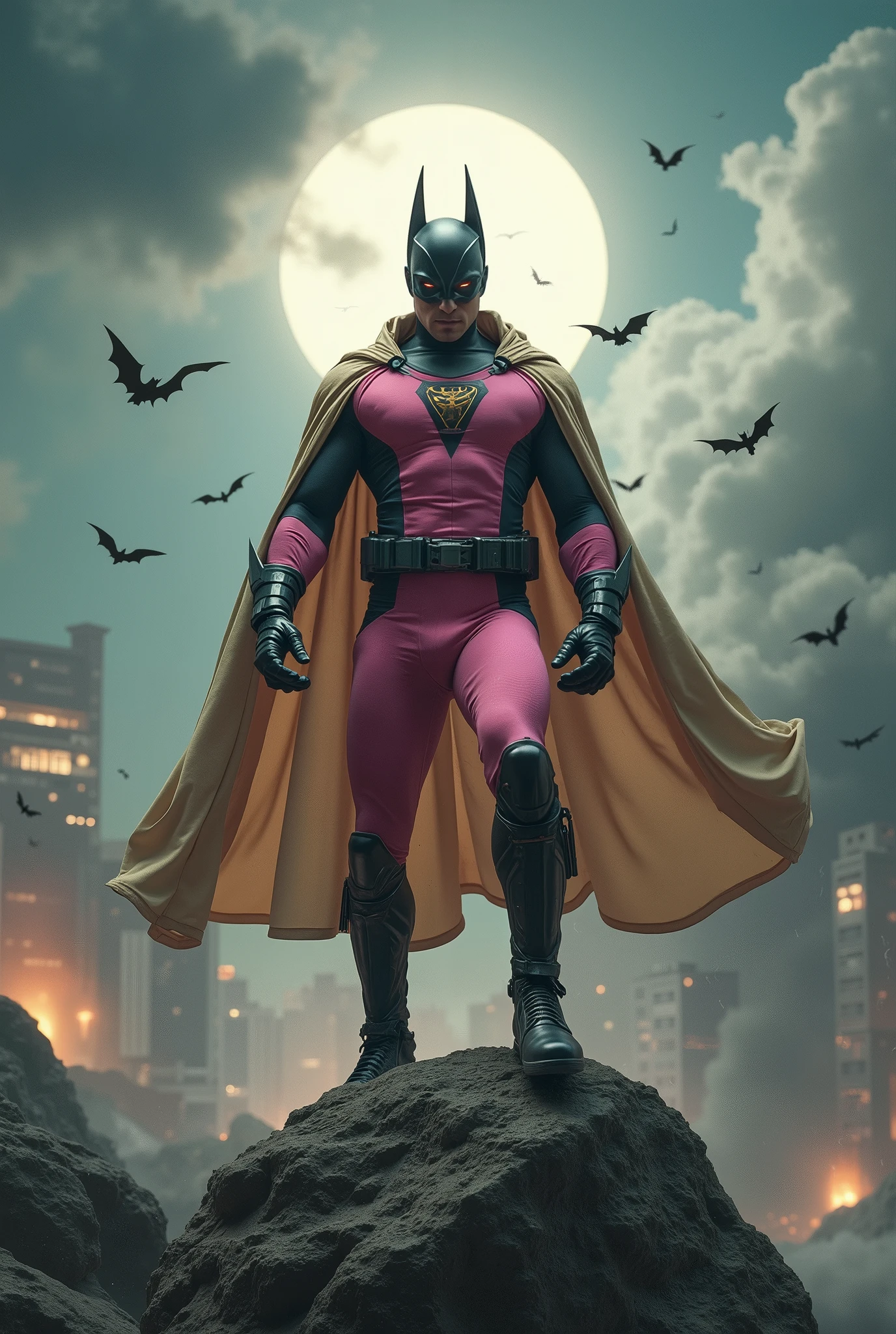 high-tech suit, vivid effects, malaysian superhero (KELUANG MAN) in a striking pink and beige costume cyberpunk design, mask small mini bat ear beige, daredevil biage mask, jumpsuit dark pink stands confidently in a dramatic, stormy landscape. ((Head covered node guard like batman , athletic body type, small mini ear bat mask))The character wears domino mask a helmet with pointed mini torn ears and a flowing cape biege, open nose and mouth. Equipped with visible futuristic weapons on a belt,bullet proof jacket pink dark day, dark night, big supermoon effect . Sma.logo on chest triangle shape small punisher logo center triangle cyber logo center on chest pink logo mini logo . rocky. Building top.smoke ground , bomb effect background, adding to --ar 3:4 --style raw --stylize 500 --v 6.1. chaos. Lot of small flying bat .bullet effect 