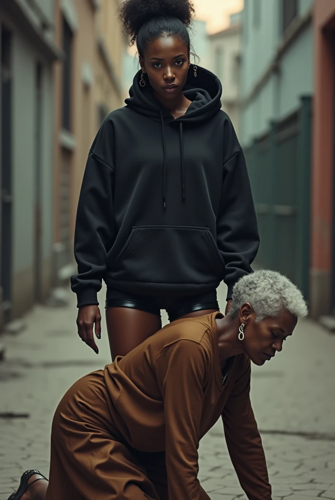 black woman hair in a bun black hoodie black pvc short shorts a old grandma in a dress on her knees kissing her ass behind her