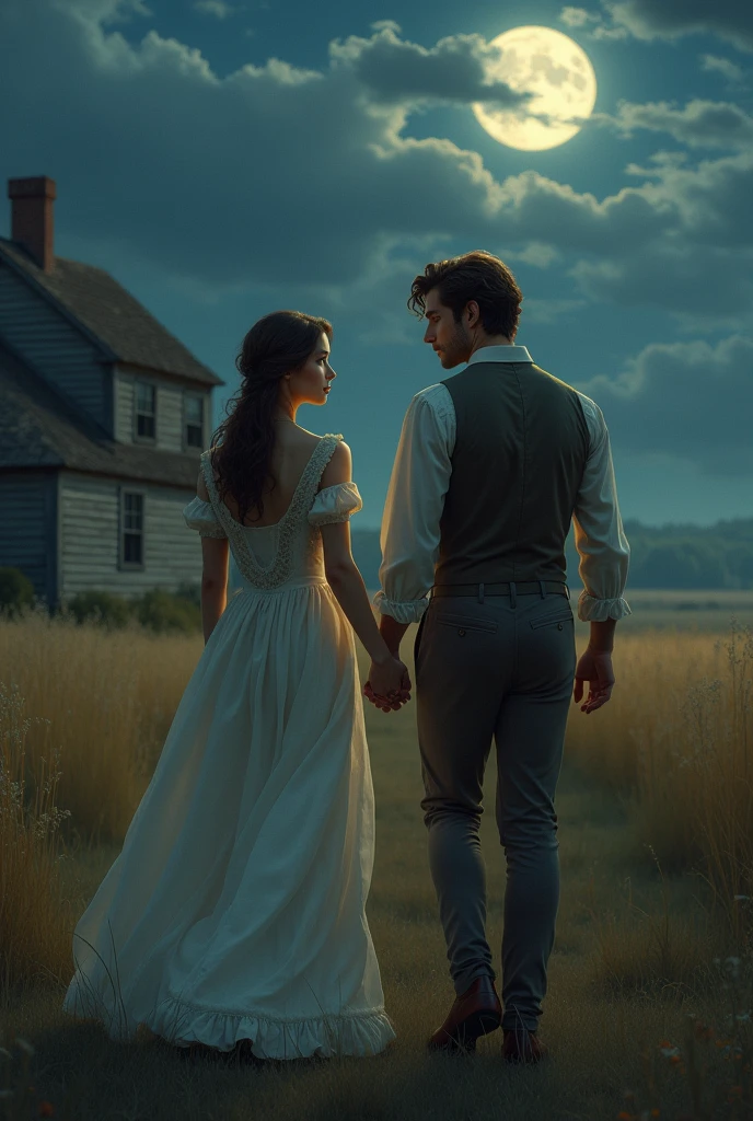 A girl is walking to the lock holding the hand of a handsome young man in front of an old house.  There is a moonlit night, surrounded by fields.  Both of them were wearing old and ancient clothes. The young man had beautiful hair.