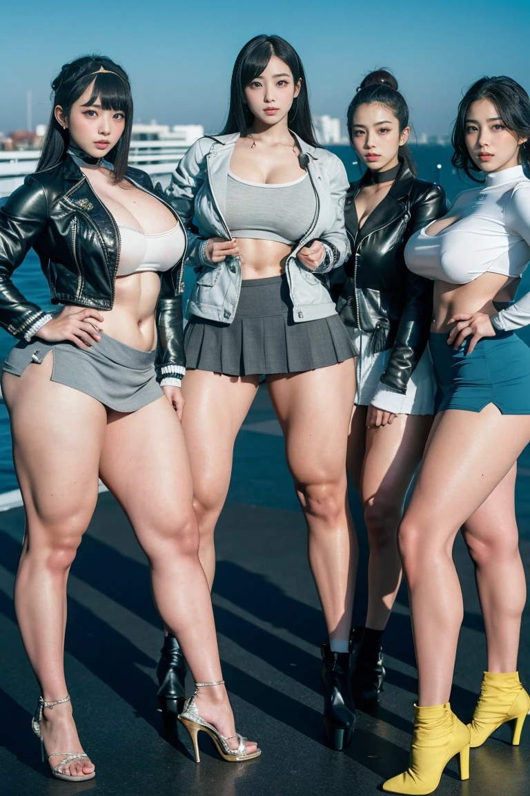 Ultra-high resolution, Realistic, Very detailed, Golden Ratio, Highest quality, Four people are standing full-body shot, (promotional photoshoot), (Are standing), Four people stand on the rooftop in high heels, (Four Beautiful female with Exemplary Figures), Beautiful Face, (Realisticな face), (biondeのショートカット:1.3), Korean bionde, bionde, long straight ponytail light black hair, hair band, Glare, Frowning, Drooling, Long Tongue, Verbal invitation, compensate, Frowning, Frowning, Surrealism, First Person View, First Person View, Wide-angle, Ultra-high resolution, Anatomically correct, Super detailed, 16K, (Four beautiful female standing side by side) (wide thighs), (Very sexy long legs),((body builder girl)), ((wide muscles)), ((sexy abdominal muscles)), (huge breasts),(very voluptuous body),(short grey skirt),(strapless jacket),(sexy smile)