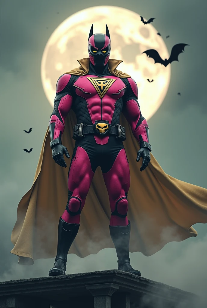 high-tech suit, vivid effects, malaysian superhero (KELUANG MAN) in a striking pink and beige costume cyberpunk design, mask small mini bat ear beige, daredevil biage mask, jumpsuit dark pink stands confidently in a dramatic, stormy landscape. ((Head covered node guard like batman , athletic body type, small mini ear bat mask))The character wears domino mask a helmet with pointed mini torn ears and a flowing cape biege, open nose and mouth. Equipped with visible futuristic weapons on a belt,bullet proof jacket pink dark day, dark night, big supermoon effect .logo on chest triangle shape small punisher logo center triangle cyber logo center on chest pink logo mini logo . rocky. Building top.smoke ground , bomb effect background, adding to --ar 3:4 --style raw --stylize 500 --v 6.1. chaos. Lot of small flying bat .