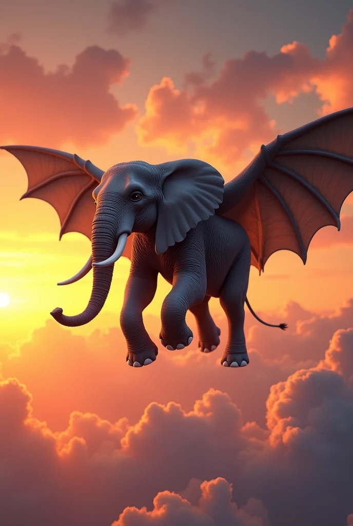 (photorealism:1.2) flying elephant in sunset 
