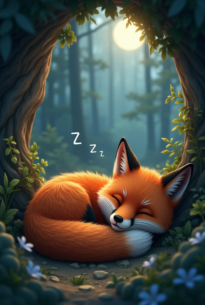 a cute and realistic red fox sleeping in a cave, zzz symbols above its head, forest background at night, (best quality,4k,8k,highres,masterpiece:1.2),ultra-detailed,(realistic,photorealistic,photo-realistic:1.37),detailed red fox,detailed eyes,detailed nose,detailed mouth,intricate fur,ambient lighting,moody lighting,dramatic lighting,cinematic lighting,lush vegetation,dense forest,nocturnal forest,moonlit forest,atmospheric forest