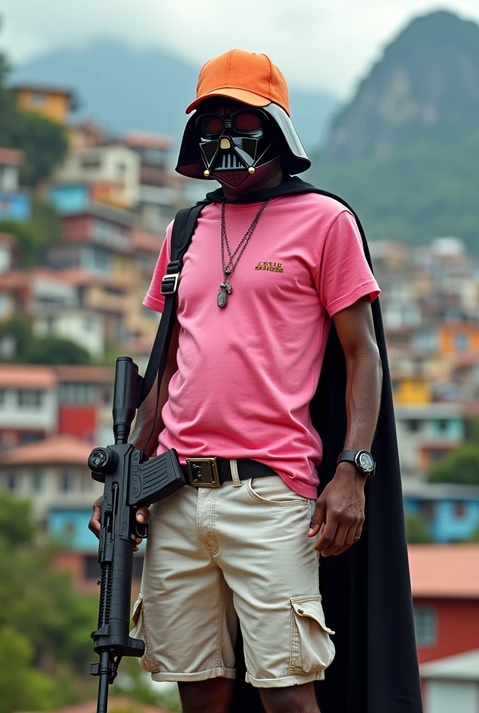 Darth Vader wearing a pink t-shirt with white shorts and an orange cap with a rifle in his hand , on the hill of Rocinha in Rio de Janeiro 