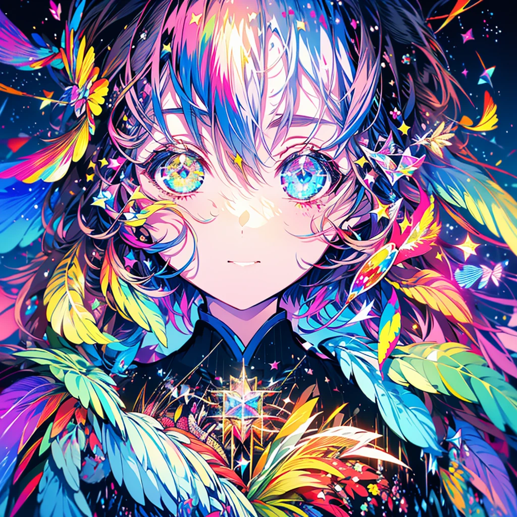 masterpiece、girl、Rainbow colorsの髪、Sparkling eyes、Serious face、Shining Background、Starry Ski、Rainbow colors、(((The character "haru")))