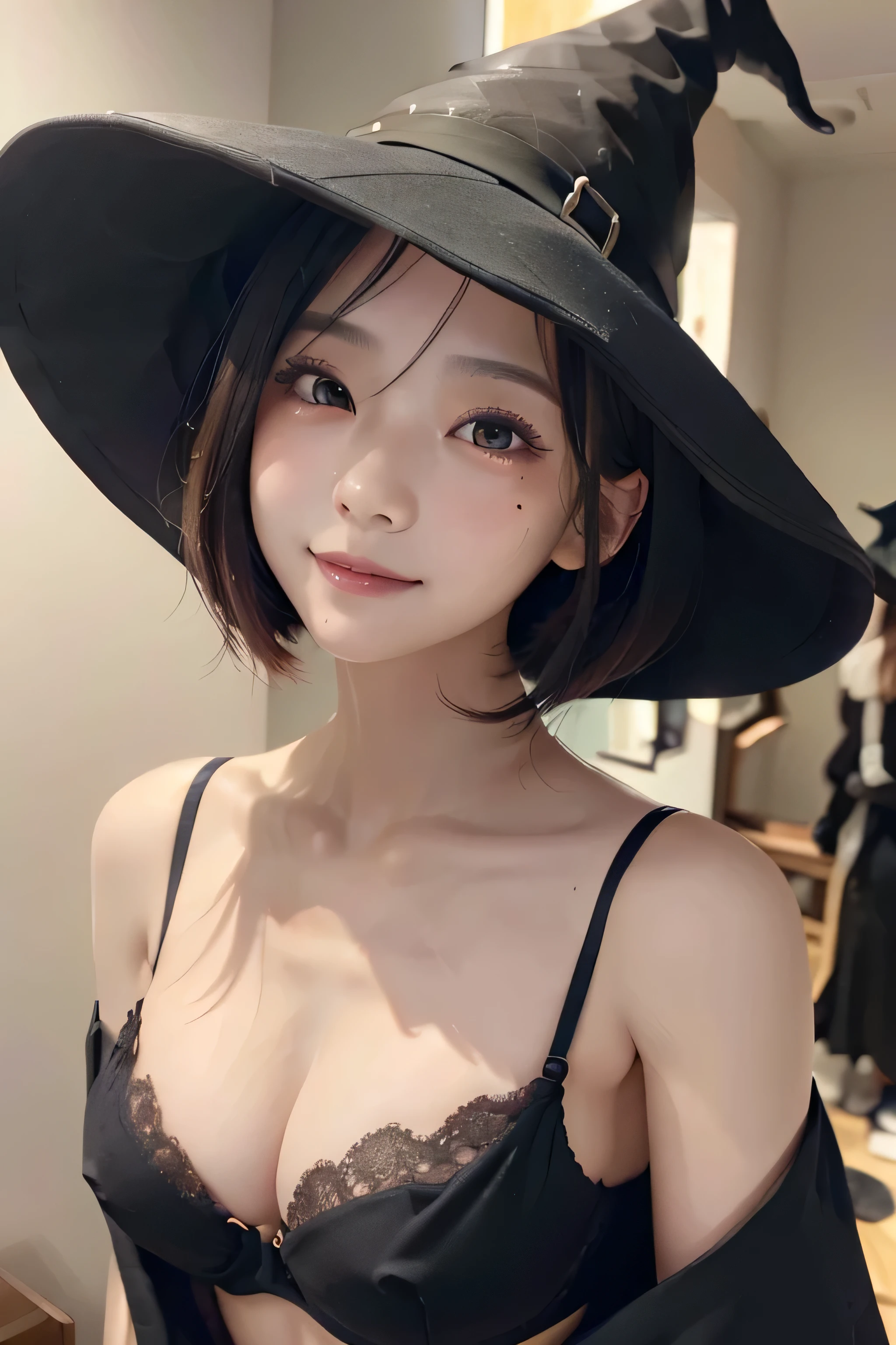 (Japanese, Detailed face, Beautiful attention to detail, Beautiful lip detail, Extremely detailed face and eyes, Long eyelashes, Realistic skin texture, )((Highest quality, masterpiece :1.3)), ((Beautiful slim doll body, one person, )). Highly detailed face, Highly detailed lips, Detailed eyes, double eyelid, Mid-chest, Makeup Face. Long eyelashes. ((Black hair straight)). ((witch,nsfw,bra lift,full body,wide shot,Red witch hat,Black Room,)))