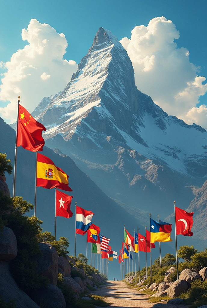 A mountain with flags of different countries "Spanish speakers", Each one representing a unique expression but there only have to be flags of countries that speak Spanish only Spanish.cheered up