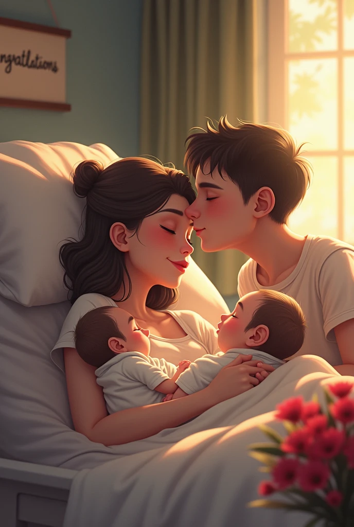A 2 Girl having twins babies borns in the hospital , laid on bed and a boy of 22 Year kiss her forehead ,there is Buckie of red flower on table along with congratulation board