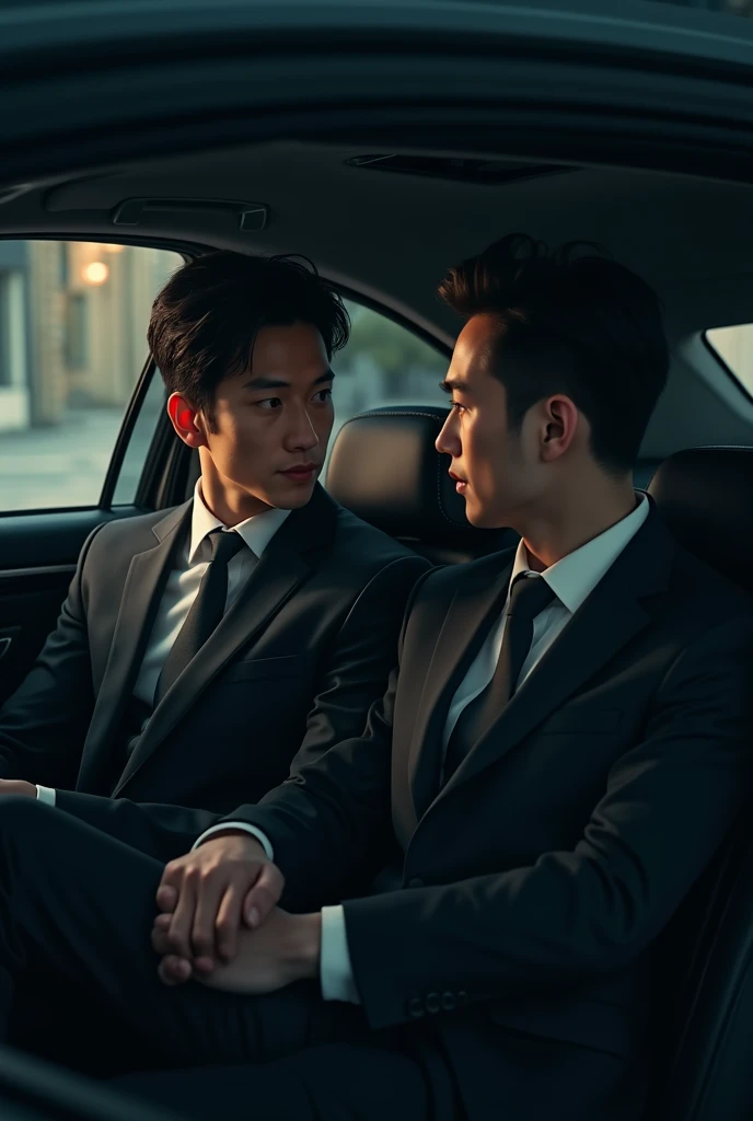 Dark image of a male assistant to a CEO talking to the Korean CEO inside a car 