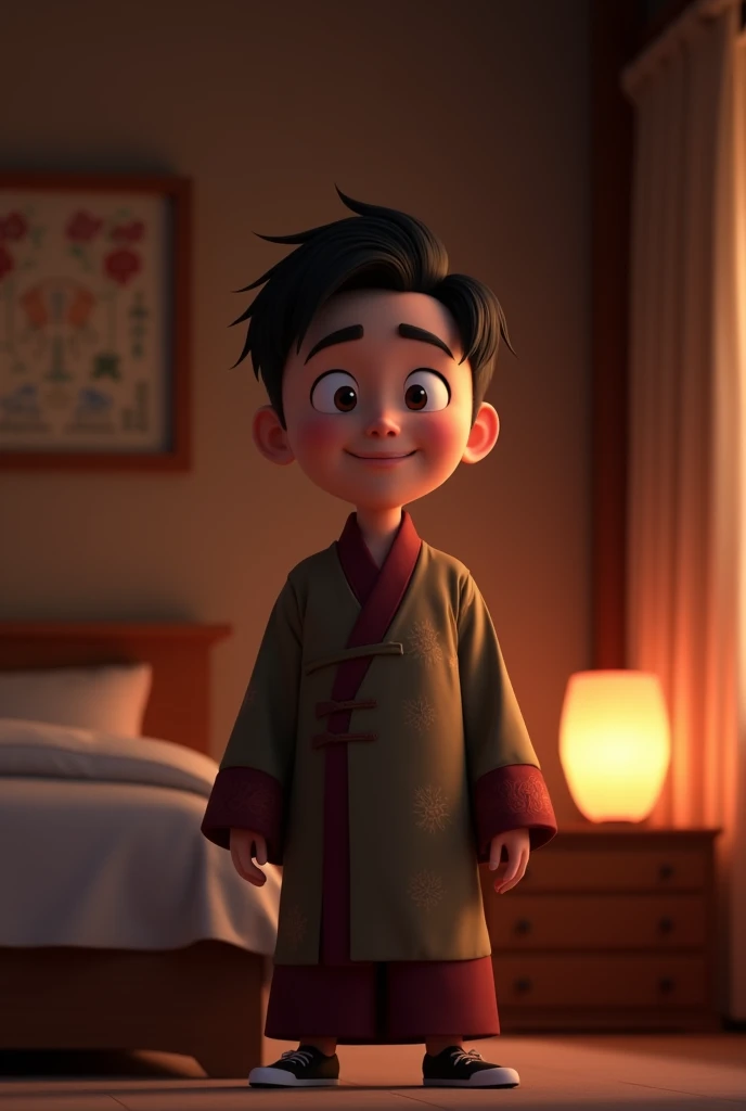 A happy and handsome man stood up，detailed short hair, wearing a hanfu, , Half body image display，dark bedroom, Youngh, tom, Pixar-style, 。.3d, animated cartoon, detail, asymmetric 16k, (1024x1024)