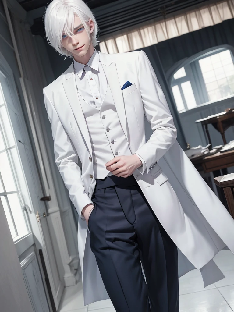 (best quality), 1boy, male, pale skin, white hair, medium hair, swept bangs, straight hair, blue eyes, perfect eyes, smile, blush, suit, skinny body, masterpiece, anatomically correct, highres