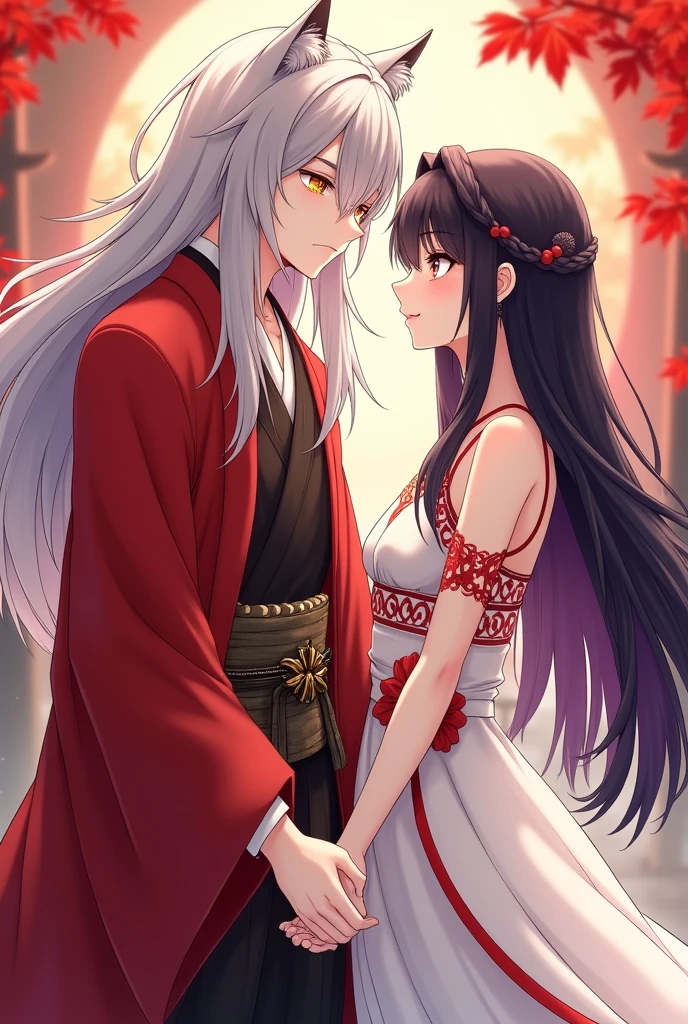 An anime couple consisting of a man who has very long silver hair down to his waist., with cat ears and golden eyes and wears a hakama (pants) blouses at the ankles, a jacket with sleeves "separate", un kosode (shirt), and an obi (belt) all in red, and a woman has a slender figure, She has long black hair with dark purple highlights on the edge., which is half-gathered by a white ribbon tied, Her bangs are similar to Hinata Hyuga&#39;s , with brown eyes, She is wearing the traditional dress of a miko , which has remained essentially unchanged to this day, except for the lack of the shoulder seam with slits. Kikyō wore a hakui (tunica) blanca con soda-really (laces) red through the sleeves and open shoulders, walking hand in hand and exchanging loving glances