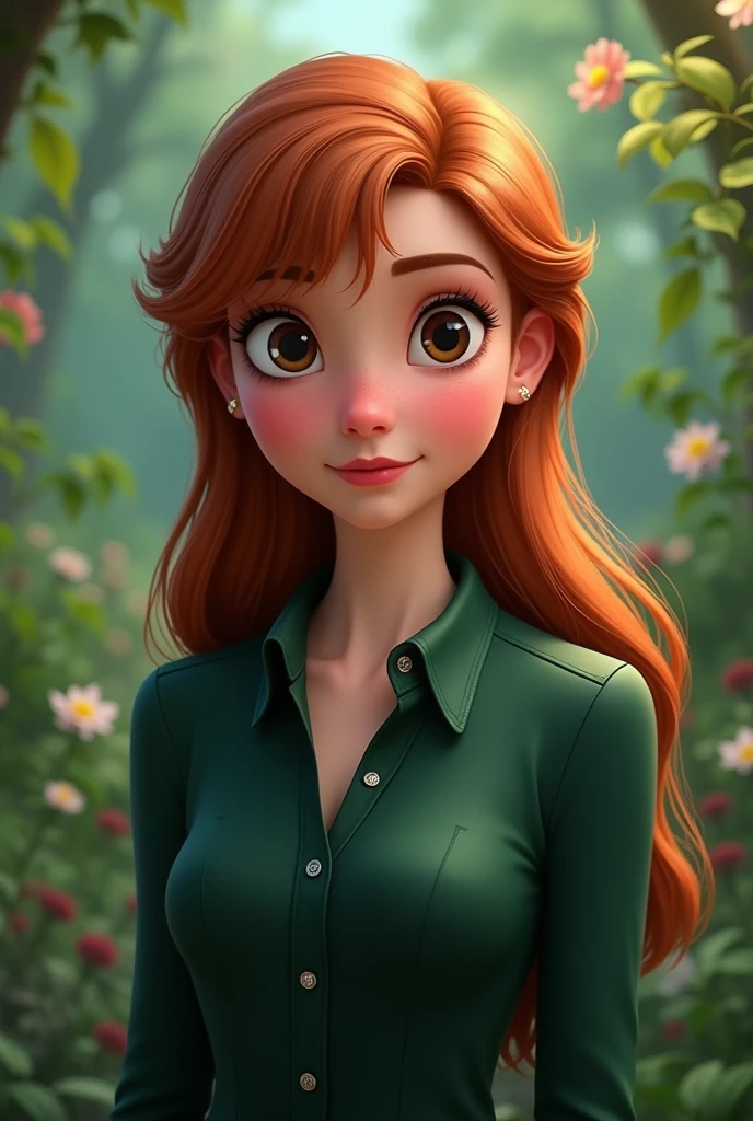 Elsa from Frozen, modern, sharp facial features, realistic, cartoon art, deep auburn hair, wearing a dark green button down formal collared shirt, background should be a green garden, long hair let down, curtain bangs