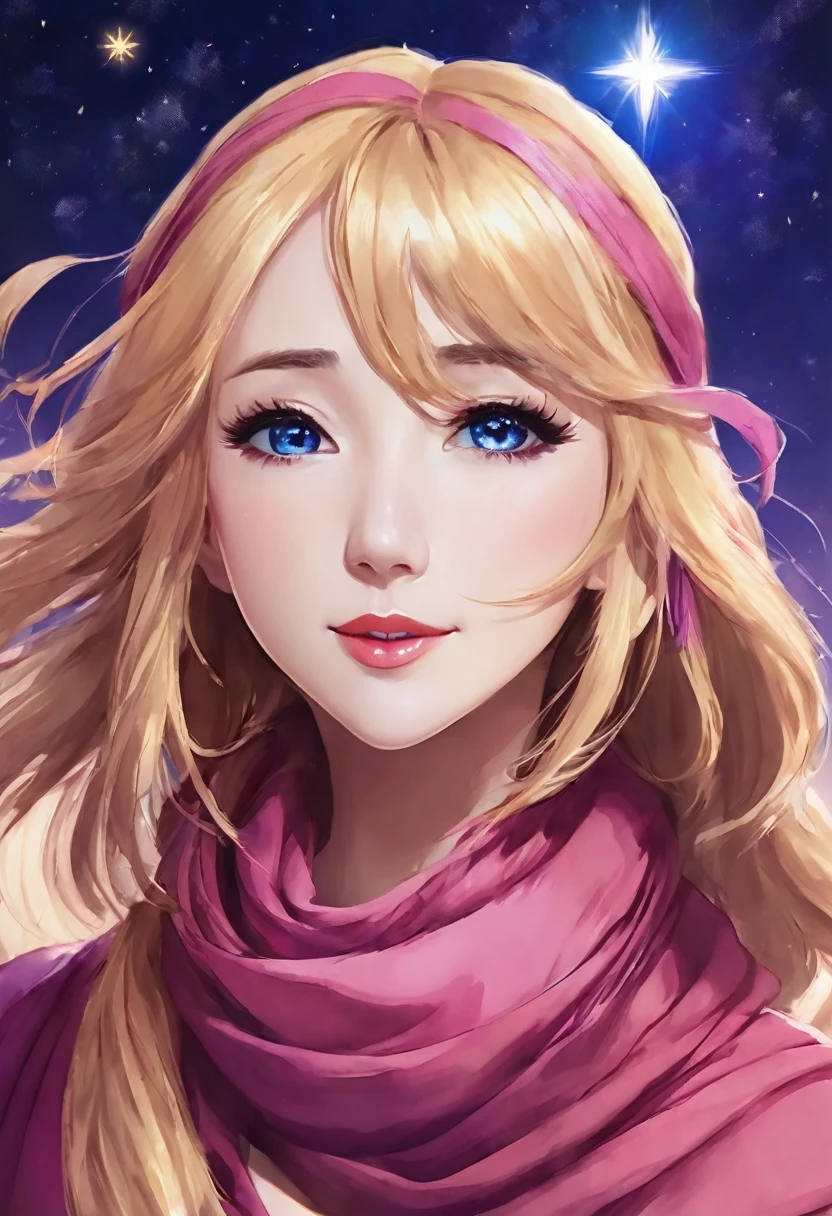 1 girl, ahog, Bangs, blonde hair, blow a kiss, blue eyes, blue scarf, brown scarf, split, Keep your mouth shut, eyelash, Face, flowing hair, hair between eyes, Heart, lips, lipstick, long hair, looking at the audience, cosmetic, night Sky, nose, one eye closed, orange scarf, pink lips, pink scarf, portrait, purple eyes, actual, red lips, red scarf, scarf, sign, Smile, alone, space, spoken Heart, Star (Sky), Starry Sky, Upper body, watermark, yang xiao long, yellow scarf