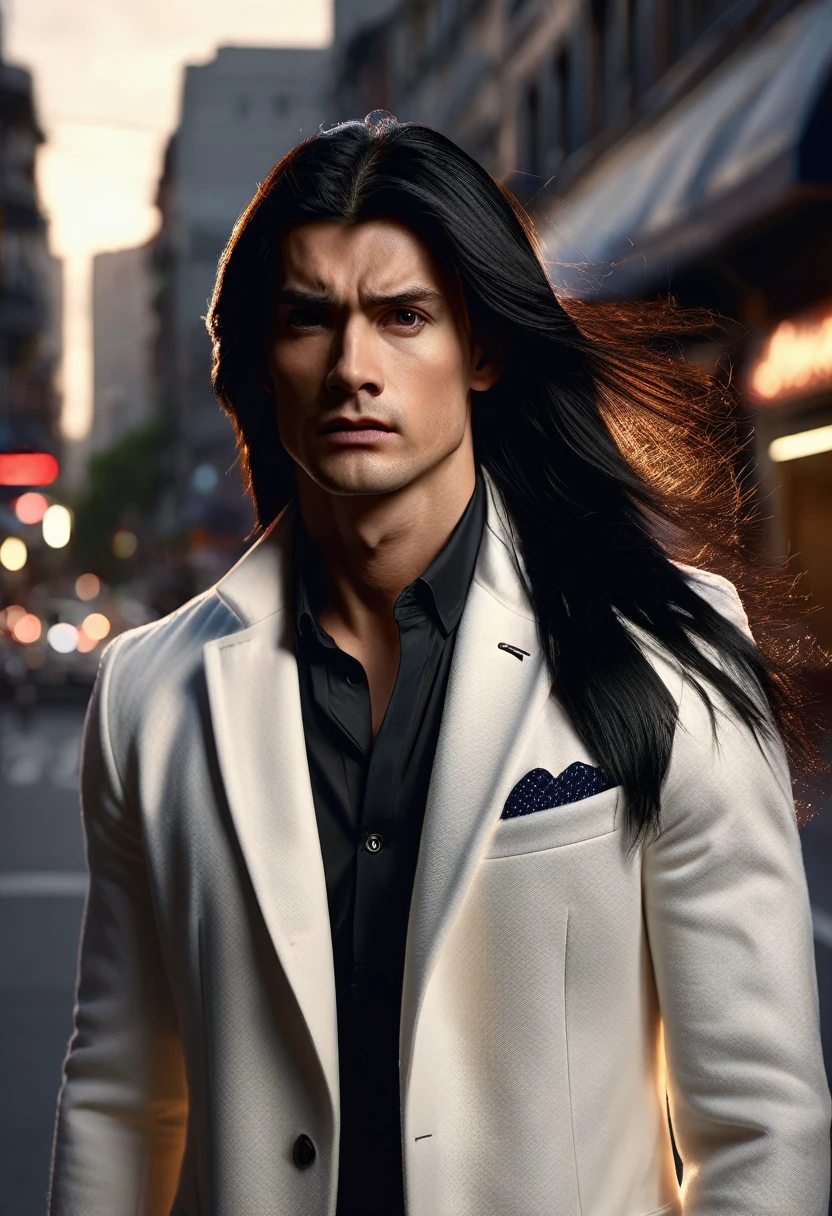 a handsome boy,worried expression, very long black hair, wearing a white sports coat,standing on the street,chiaroscuro lighting,hyper realistic,4k,ultra-detailed,highly detailed,photorealistic,cinematic,dramatic lighting
