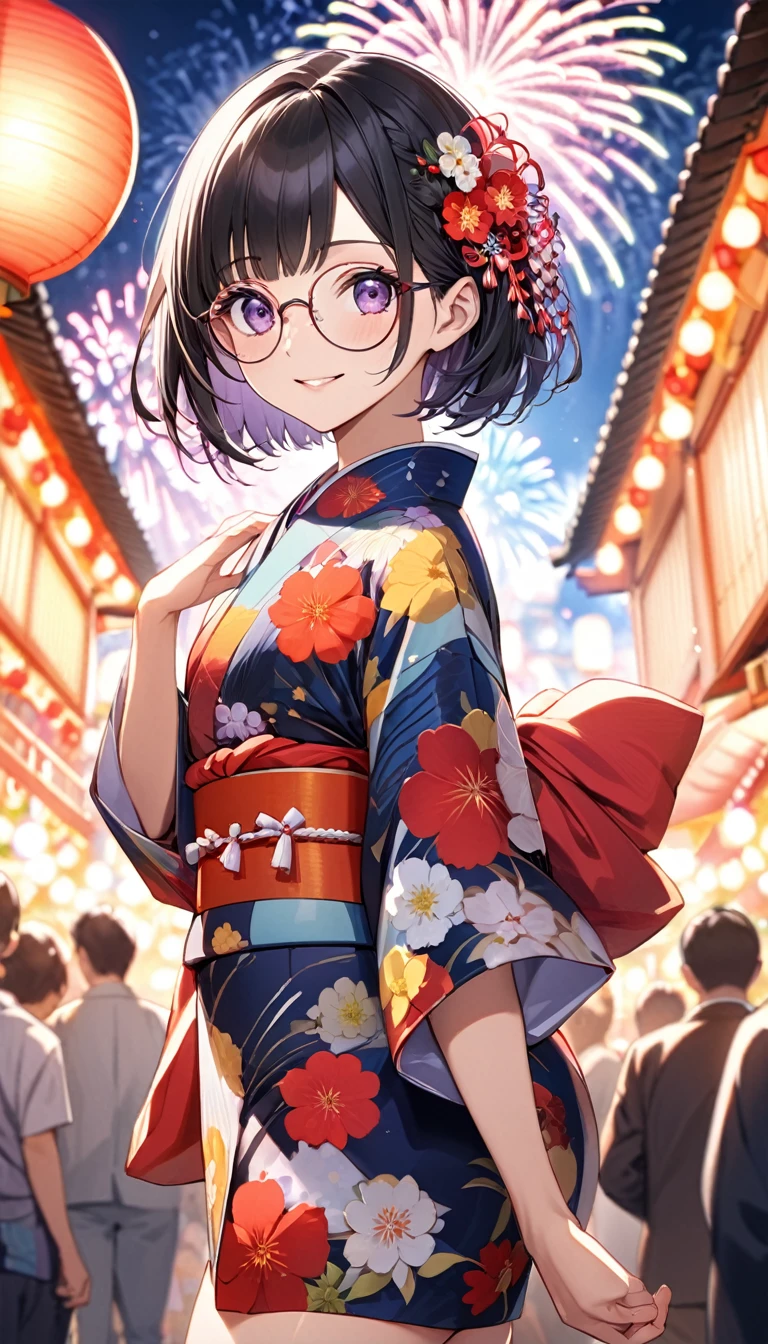 Highest quality、Best image quality、masterpiece、Anime Style、a girl、Beautiful Eyes、black hair, purple eyes、Short bob cut、(sideburns), middle part, (flat chest)、slender、Tight waist、Round Glasses、Beautiful Face、Natural smile、red cheek、Cute pose、night、Fireworks display、大きくてカラフルな花火がnight空に上がる、A large number of people、Japan Shrine Festival、((Colorful floral kimono))、Long flower hair ornament、Shallow depth of field, dynamic angle