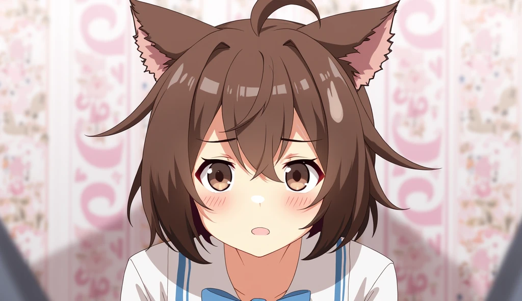 One person, High resolution, Brown Hair, Shortcuts, Animal Ears, Frowning, Feet out of frame, ribbon, Background blur, anime, 