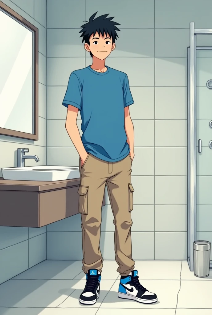 into the image, a cool teenager , with white skin and straight black hair of 1,80 tall, is posing in a bathroom. He wears a blue t-shirt and beige cargo pants., complemented by a pair of Air Jordan sneakers in blue, black andwhite. The young man is in a bathroom and in the background there are underwear (do modelo boxer briefs), this underwear is white (medium-sized), These underwear are lying open realistically near the trash on top of the sink,  and the teenager has a happy and relieved expression. The bathroom in the background is modern and minimalist., with details like a large mirror and light tiles. The teenager&#39;s expression is relaxed and fun, besides him appearing relieved, giving a casual and informal tone to the image, In anime style, he looks like he just took off his underwear.