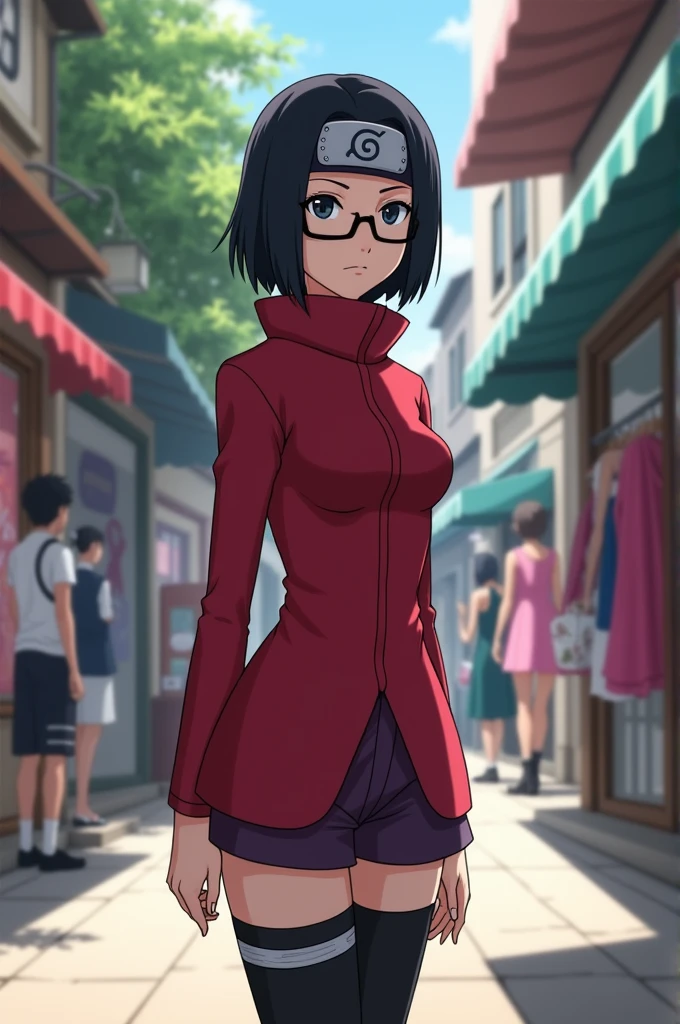 Sarada (a female character from boruto who has thin body, tiny boobs, a short hair neck with side parted hair and bangs swept aside, black eyes, wear headband konoha ninja on her forehead, red outfit with a collar that covers the neck, a middle slit from top to bottom of the outfit and her arms visible, also wearing very short lilac colored pants, with konoha ninja shoes and dark purple knee length stockings , and using a red rectangular glasses) she sees a clothes store