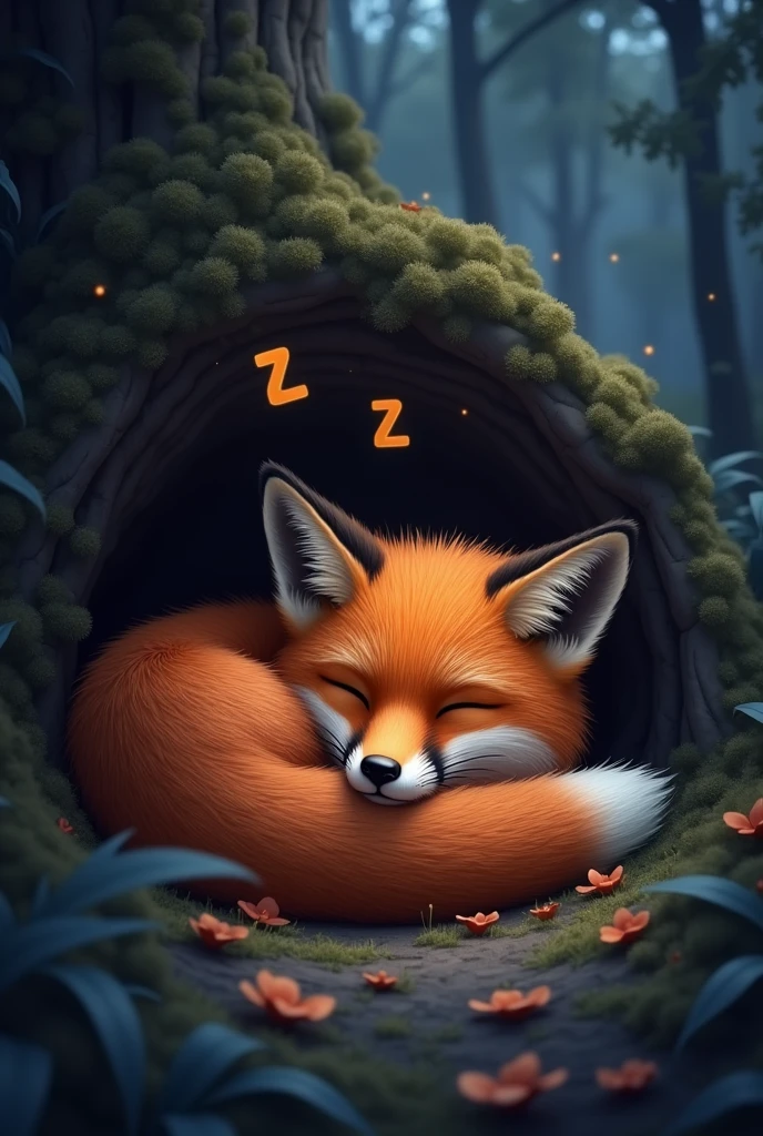 a red fox sleeping in a cave, curled up with a drowsy expression, zzz symbols above its head, cute realistic style, night forest background, (best quality,4k,8k,highres,masterpiece:1.2),ultra-detailed,(realistic,photorealistic,photo-realistic:1.37),highly detailed animal anatomy,extremely detailed fur texture,intricate details,glowing eyes,atmospheric lighting,dramatic shadows,moody colors,vibrant colors,warm tones