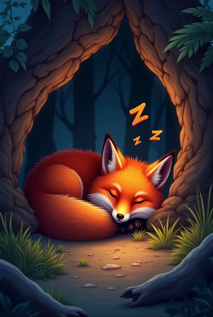 a red fox sleeping in a cave, curled up with a drowsy expression, zzz symbols above its head, cute realistic style, night forest background, (best quality,4k,8k,highres,masterpiece:1.2),ultra-detailed,(realistic,photorealistic,photo-realistic:1.37),highly detailed animal anatomy,extremely detailed fur texture,intricate details,glowing eyes,atmospheric lighting,dramatic shadows,moody colors,vibrant colors,warm tones